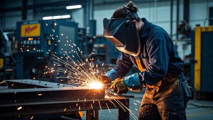 Skilled Welder Wearing Protective Gear as Sparks Fly in a Professional Workshop Setting