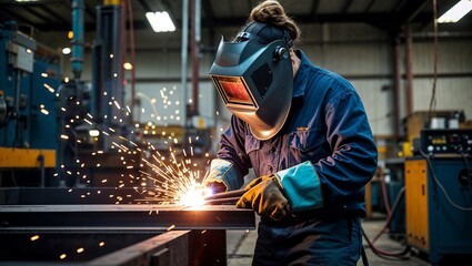 Skilled Welder Wearing Protective Gear as Sparks Fly in a Professional Workshop Setting