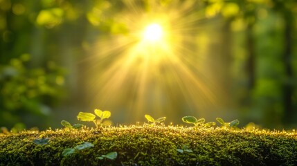 Young plants sprout in mossy forest sunlight