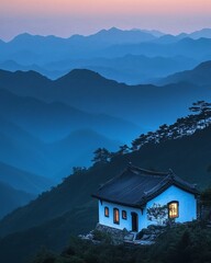 Fototapeta premium ancient white-walled house with two small chimneys and lights on inside. 