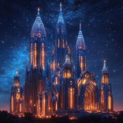 Obraz premium Design a grand cathedral with holographic spires under a starry night