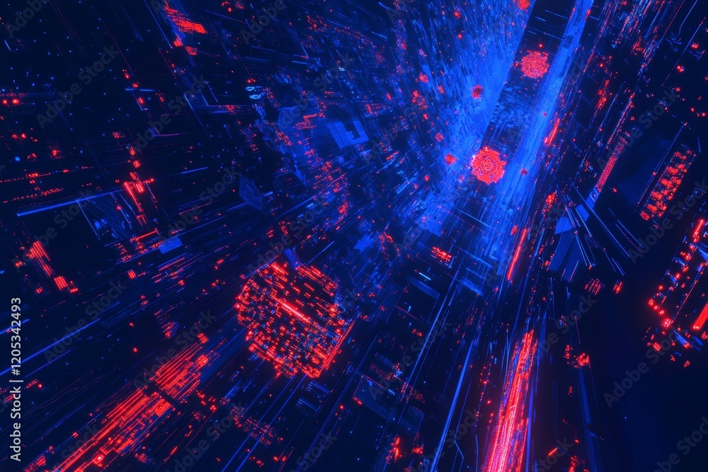 Poster futuristic digital circuit board design with intricate patterns and vibrant colors in a dark setting