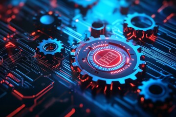 Futuristic digital technology concept with circuit board, gears, and binary code on dark blue