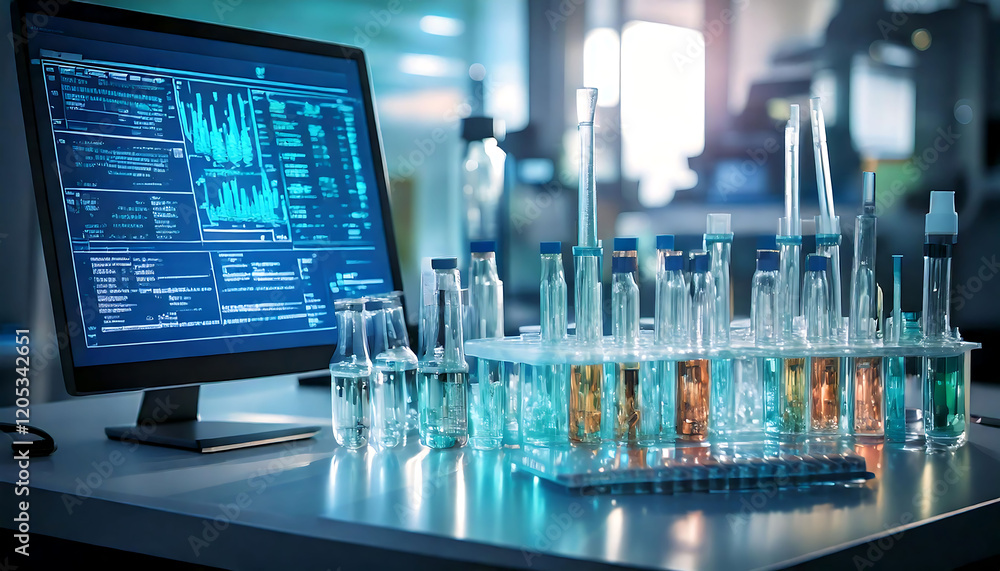 Poster modern lab setting: computer screen displays scientific data alongside test tubes containing various