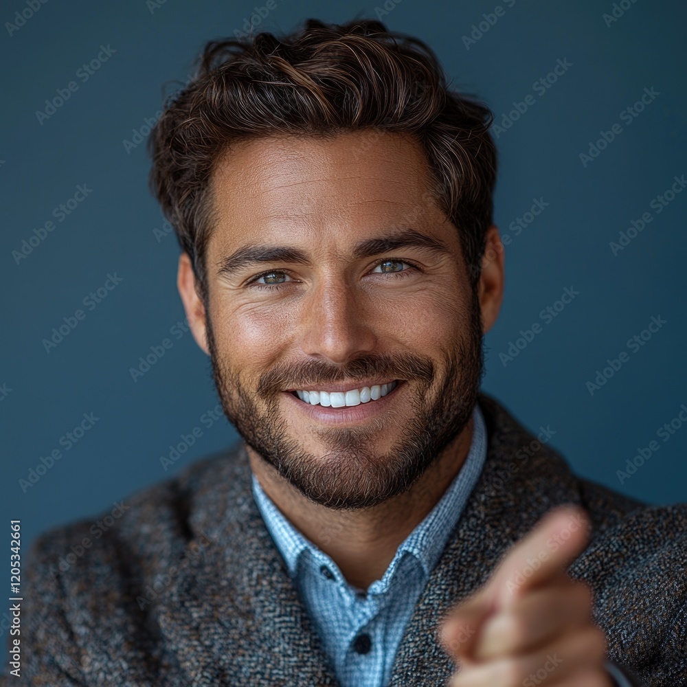 Poster a person with a long beard is smiling and pointing at the camera, conveying friendliness and approac