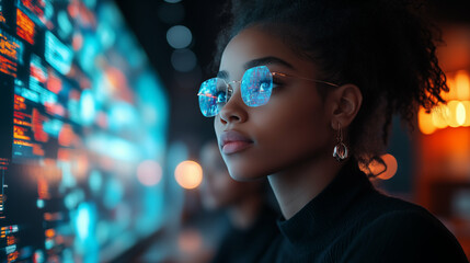 Black woman viewing digital data interface with glasses reflection, exploring technology innovation and future computing concept