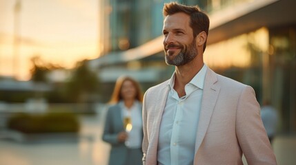 Obraz premium Successful businessman smiles confidently in city, enjoying sunset after a productive workday.