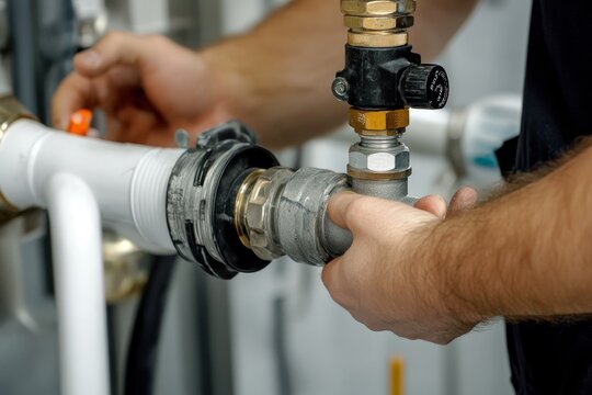 Professional plumber installing mini slimline energy system for modern wall mounted gas boiler