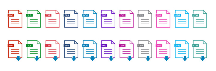 File type on white background. File type download icon. File type icons. Format and extension of documents. Set of pdf, doc, excel, Png, jpg, psd, gif, csv, xls, ppt, html, txt and others.