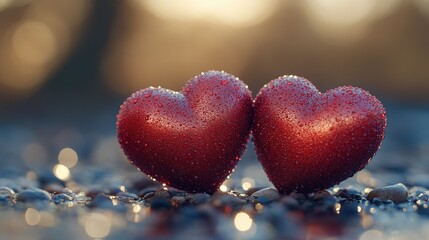 Fototapeta premium A pair of red hearts sit atop a gravelly surface