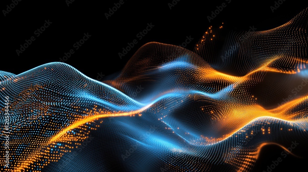 Poster a futuristic, abstract composition of digital pixels and glowing lines that move in a fluid, rhythmi