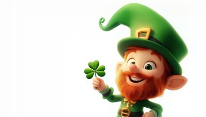 Cute cartoon leprechaun holding a four-leaf clover on a white background, Saint Patrick's Day