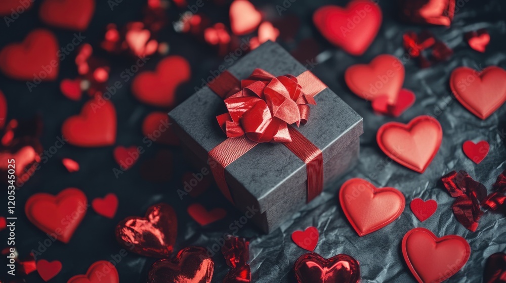 Canvas Prints A black gift box adorned with a red bow and surrounded by hearts, perfect for romantic occasions or Valentine's Day