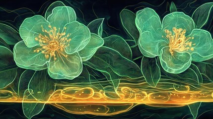 Abstract art: luminous green flowers, orange base.