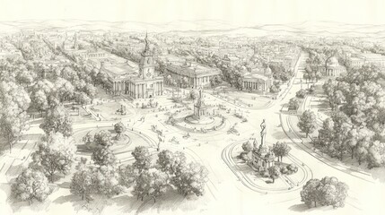 Fototapeta premium Pencil sketch, city center, park, monuments, roads.