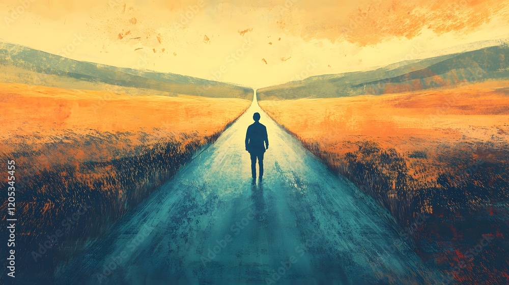 Poster a person standing at a crossroads, torn between two opposing paths, symbolizing the internal conflic