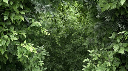 Lush green foliage creates a dense natural canopy, capturing the serene essence of a tranquil forest environment.