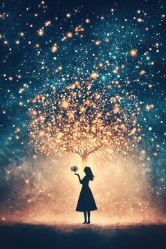 Women celebrating under a glowing tree of knowledge and hope