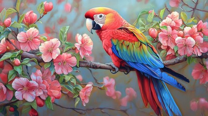 Obraz premium Scarlet Macaw Perched on Blooming Pink Flowers Branch