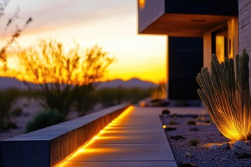 A desert plant highlighted by the warm light of sunset in a vast desert landscape