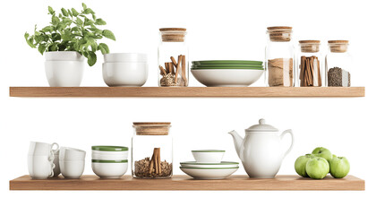 Fototapeta premium Shelves with various food ingredients and kitchen utensils