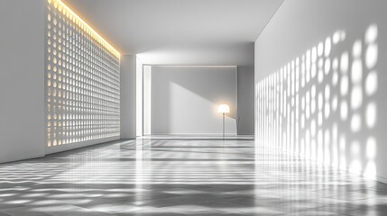 Modern minimalist hallway, light, shadows, sleek design.