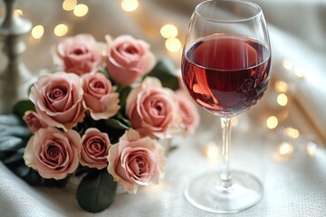 A glass of wine accompanied by a bouquet of roses, perfect for romantic occasions