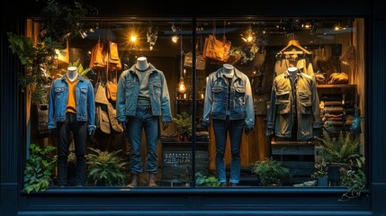 Obraz premium Nighttime storefront; denim, jackets, display