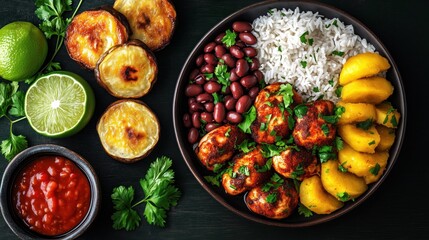 Delicious meal featuring rice, beans, plantains, and seasoned vegetables on a wooden table