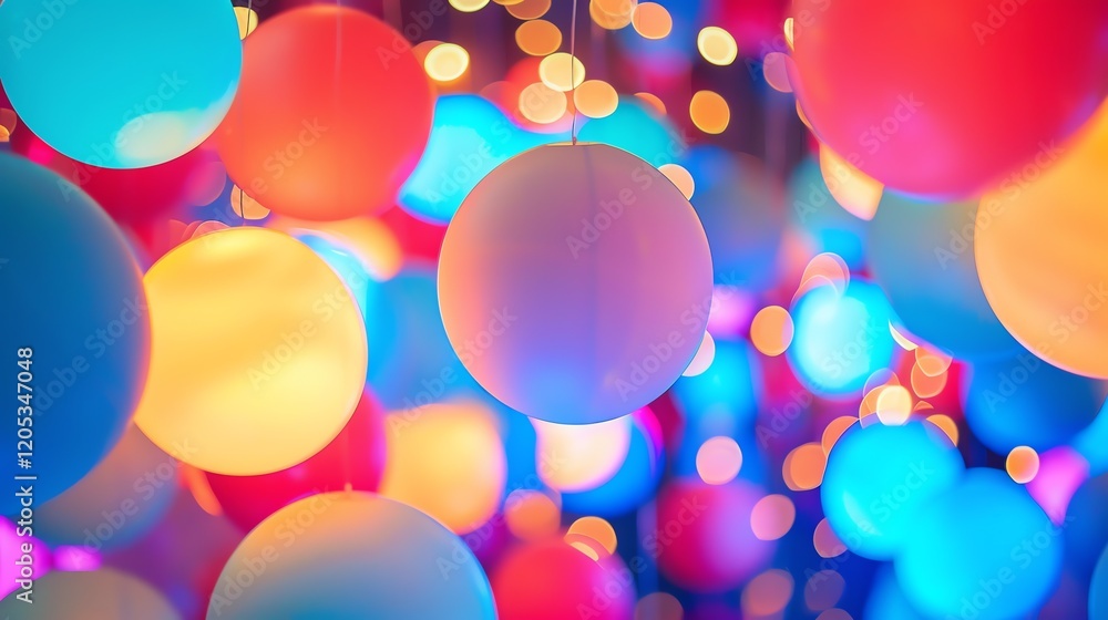 Poster a beautiful and festive image of a bunch of variously-colored balls hanging from strings of lights.