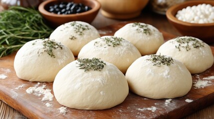 Fototapeta premium Freshly prepared dough balls with herbs on wooden surface, perfect for baking in cozy kitchen setting