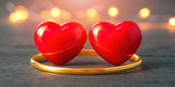 heart with glowing golden ring connection, linked hearts 