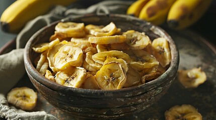 A photo of dried banana chips in a rustic bowl