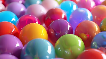 3D rendering of a colorful array of glossy spheres. The spheres are of different sizes and colors, and they are all arranged in a random order.