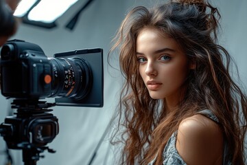 A woman with long hair holds a camera, ready to capture the moment