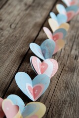 Fototapeta premium A collection of colorful paper hearts placed on a wooden table, perfect for romantic gestures or decorative purposes