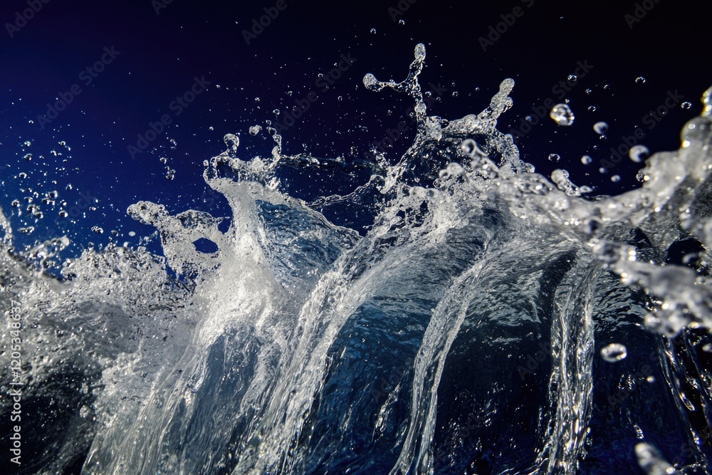 Poster a detailed view of a wave with water splashing on the surface, great for use in beach or ocean-theme
