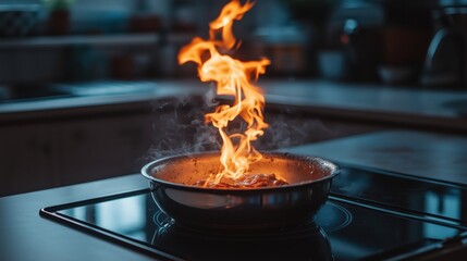 Cooking flames rise dramatically from a skillet in a modern kitchen while preparing an evening meal at home
