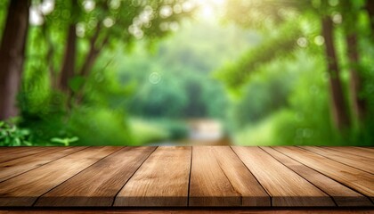 Wood desk table top with green nature blur background. Empty plank wooden table for product replacement