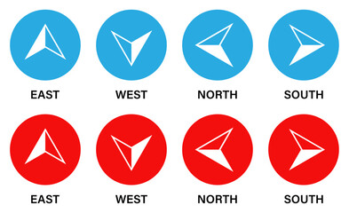 Set of compass vector icons in red and blue circle isolated on a white background. East, west, north, south. Map direction. Silhouette and flat style. Vector illustration.