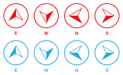 Set of compass vector icons in red and blue circle isolated on a white background. East, west, north, south. Map direction e, w, n, s. Outline style. Flat design. Vector illustration.