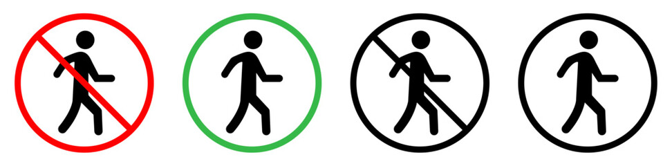 No walking person area vector icon set. Prohibition sign symbol. No walking area for crossing road sign symbol. No entry for person. Flat design. Vector illustration.