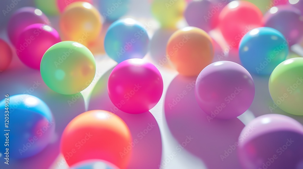 Poster a group of colorful balls of different sizes are scattered on a white surface.