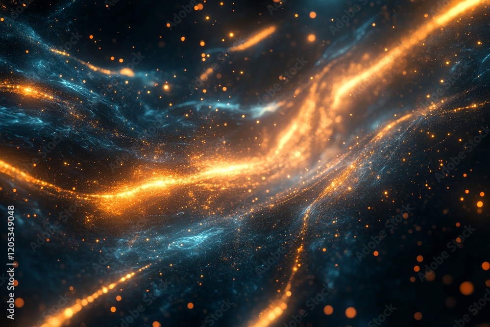 Poster hyper realistic visual of futuristic data stream with glowing light trails in cosmic space