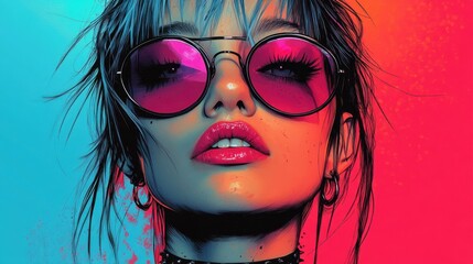 Obraz premium Vibrant portrait of a stylish woman wearing bold pink sunglasses