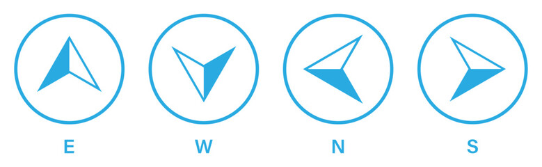 East, west, north, south arrow compass icon. Set of compass vector icons in blue circle isolated on a white background. Map direction. Silhouette and outline style. Vector illustration.