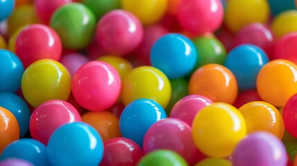 Colorful plastic balls in a ball pit. The balls are of various colors, including red, blue, yellow, green, and pink.