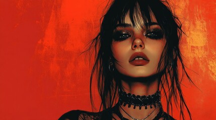 Obraz premium Bold portrait of a confident young woman with a fiery red backdrop