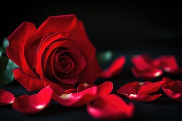 A close-up of a single red rose surrounded by its petals on a black background, ideal for use in designs related to love, passion, or elegance