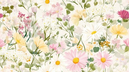 Fototapeta premium Delicate Wildflower Seamless Pattern, intricate design of Queen Anne's lace and clover, perfect for textiles and wallpapers, vibrant colors and fine details